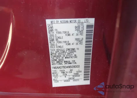 2004 Nissan Titan Se из США, поврежденный, VIN 1N6AA07B34N509000